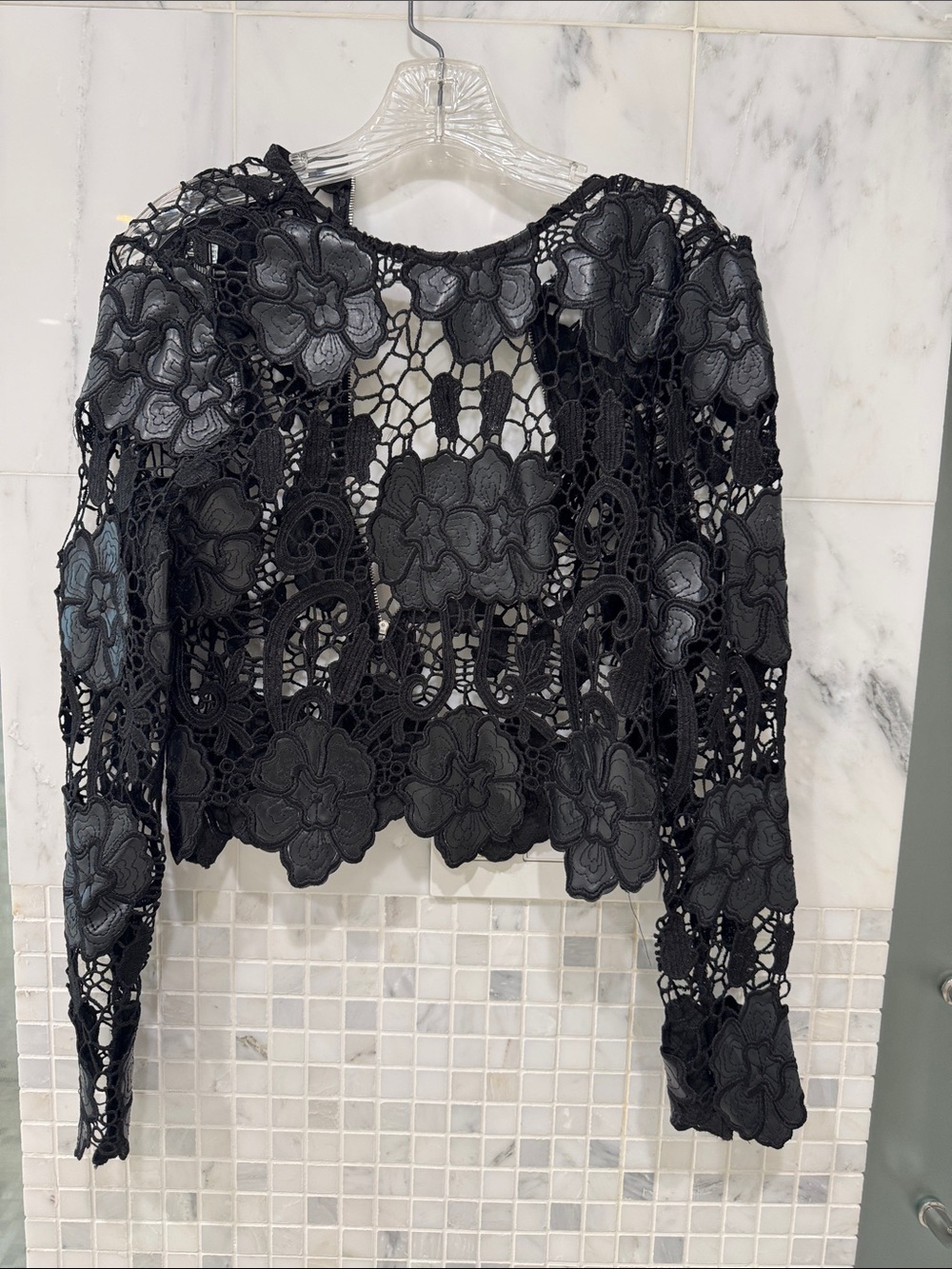 Gracia Black Floral Crochet Lace Long Sleeve Top